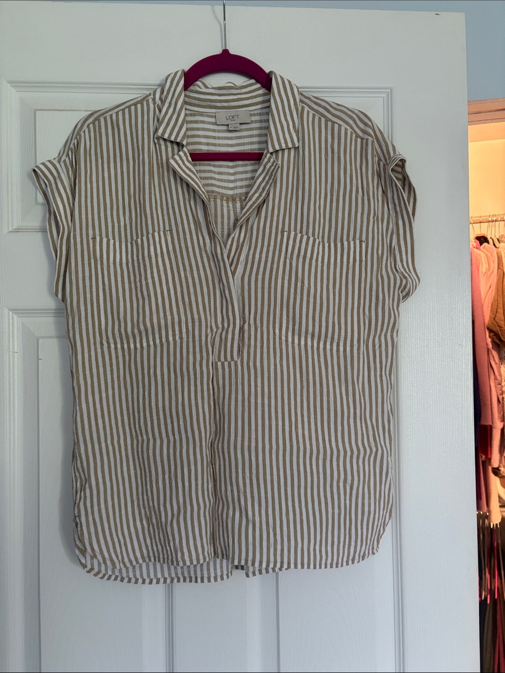 LOFT Beige and White Striped Short-Sleeve Button-Neck Blouse